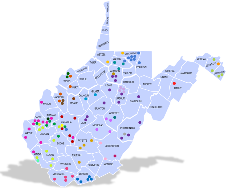 West Virginia state map with 107 sites displaying in corresponding geographical location