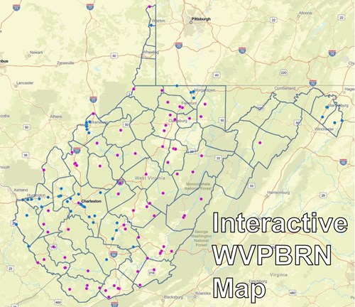 Map of West Virginia with colored dots denoting 131 WVPBRN sites. Text overlaid on image reads Interactive WVPBRN Map